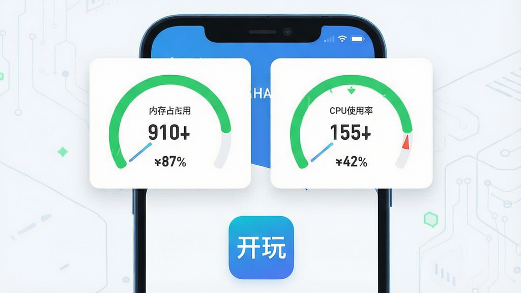 一张手机性能监控界面示意图,画面中显示一部手机屏幕上方悬浮着内存占用和CPU使用率的仪表盘图形,数值处于绿色安全区间,下方是“开玩”应用图标,整体为科技感扁平风格,画质干净,布局简洁