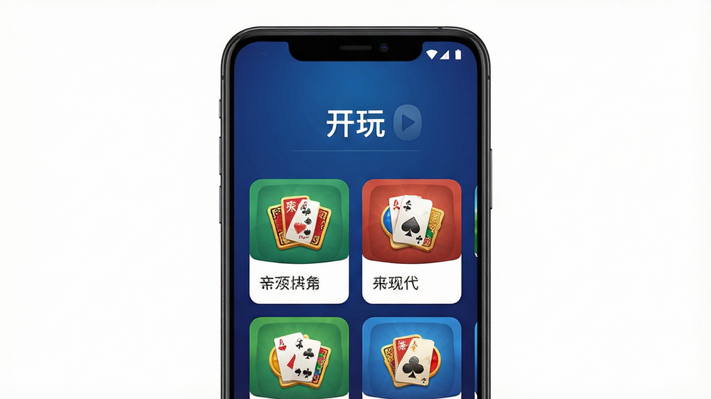 一张手机应用界面展示图,画面中央是一部竖屏安卓手机,屏幕上显示棋牌游戏大厅界面,顶部有“开玩”字样,下方排列着多款棋牌游戏图标卡片,背景为深蓝渐变色调,整体风格简洁现代,细节清晰,画质干净,无多余元素