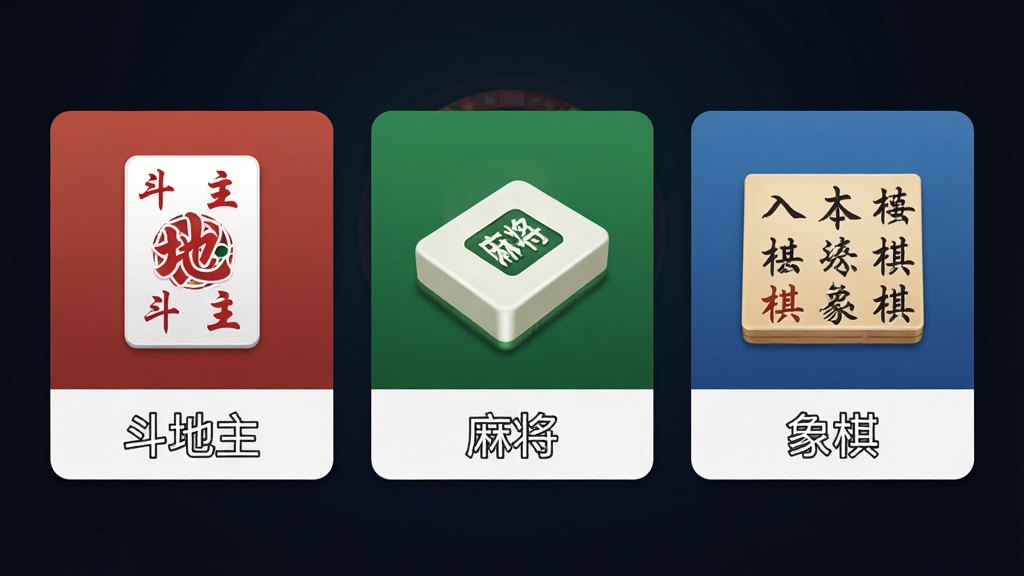 一张棋牌游戏大厅界面展示图,画面中并排展示三款棋牌游戏的入口卡片,卡片上分别标注“斗地主”“麻将”“象棋”字样,背景为深色系渐变,整体排版整齐,风格清爽,画质清晰,干净无多余元素