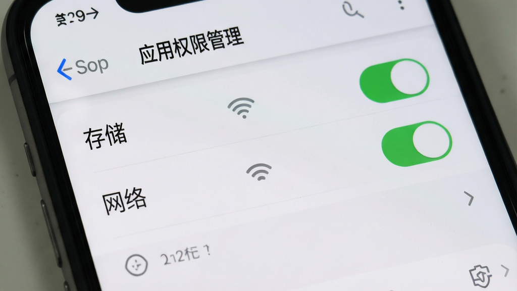 一张手机设置界面展示图,画面中手机屏幕显示“应用权限管理”页面,列表中“存储”“网络”权限开关处于开启状态,背景为浅灰色系统风格,整体简洁清晰,画质干净