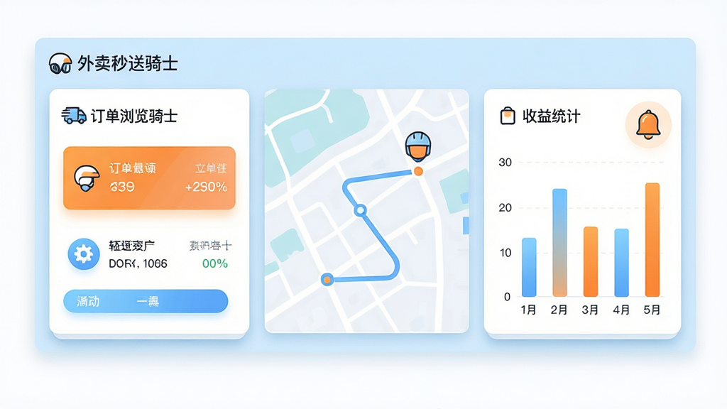 画面主体为一块横向展开的功能模块示意图,左侧为订单浏览卡片,中间为路线参考地图线条,右侧为收益统计柱状图与提醒铃铛图标,布局采用三栏并列的横向排版,风格为清爽的信息图表风,配色以浅蓝、橙色与白色为主,细节包括图标描边、数据条渐变、卡片投影,画质干净清晰,无多余元素,图片中文字为“外卖秒送骑士”