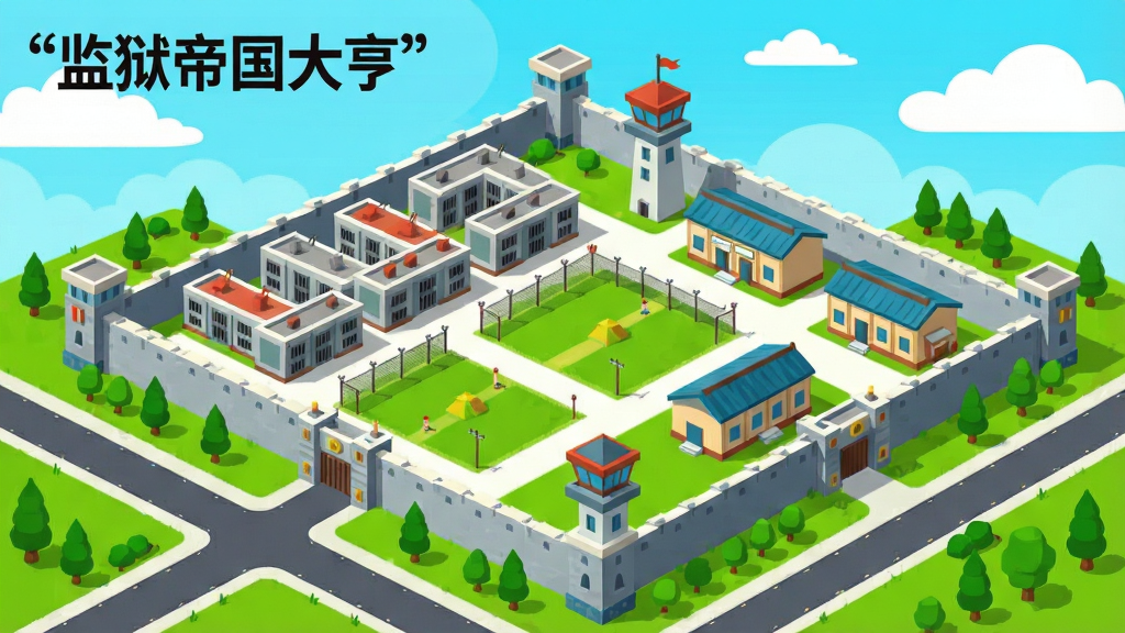 一座卡通风格的监狱全景俯视图,画面中央是高墙围合的监狱建筑群,包含牢房区、放风操场、警卫塔和食堂,围墙外有绿树与道路,天空明亮,整体采用明快扁平化插画风格,色彩饱和度高,细节丰富,画质清晰干净,无多余元素,画面左上角用引号标注文字“监狱帝国大亨”