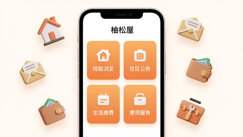 一部手机屏幕显示“柚松屋”应用首页,页面中整齐排列房源浏览、社区公告、生活缴费、便民服务四张功能卡片,卡片采用柚橙色渐变底色与白色图标;手机周围漂浮着房屋、信封、钱包、工具箱等立体小图标;布局居中,风格为清新扁平插画,细节柔和光影,画质高清,画面干净,无多余元素