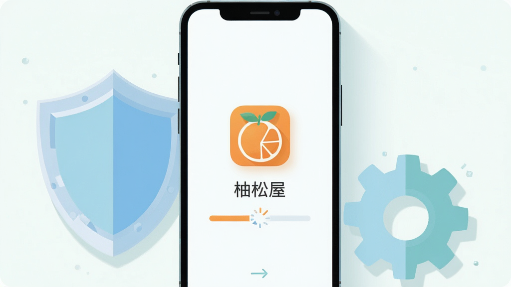 一部手机屏幕显示“柚松屋”安装完成后的启动界面,界面中央有柚橙色应用图标与加载进度条;手机旁边放置盾牌与齿轮元素,象征安全与设置;布局为手机居中、元素两侧点缀;风格为简洁扁平插画,色调清爽浅色;细节包括清晰的进度条与柔和阴影;画质高清,画面干净,无多余元素