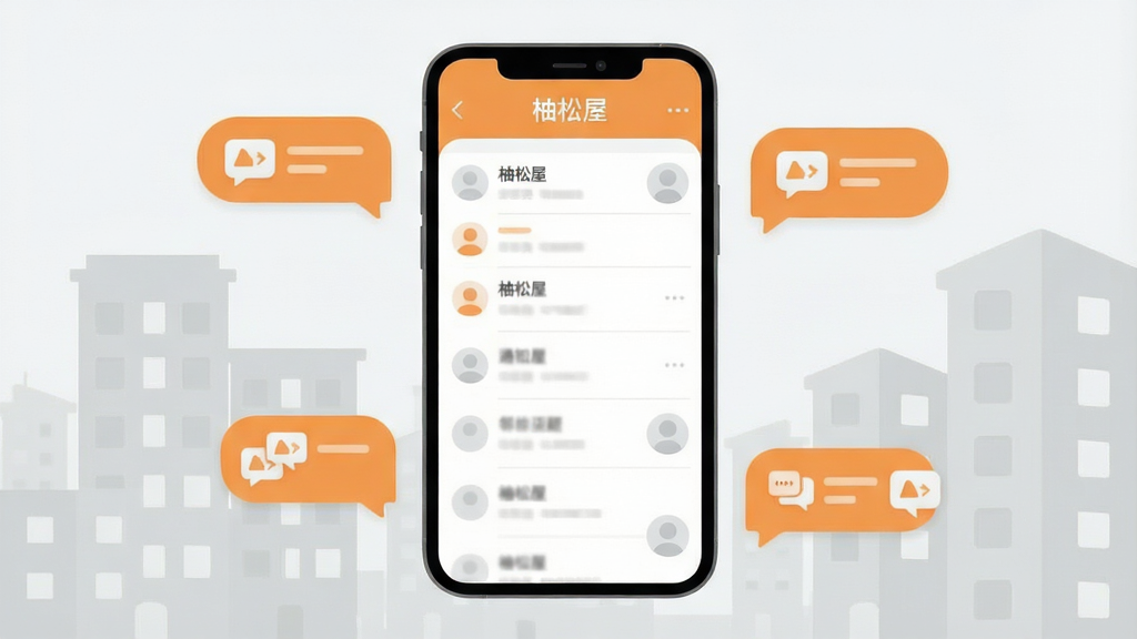 手机屏幕展示“柚松屋”社区互动页面,页面中有通知列表与邻里话题气泡,气泡内包含对话图标;背景为浅灰色社区楼栋剪影;布局为手机居中、气泡环绕;风格为柔和圆角扁平风,色调柚橙配浅灰;细节包括清晰的列表分隔线与圆形头像占位;画质高清,画面干净,无多余元素