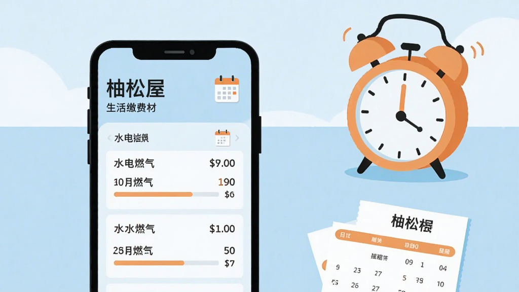 手机屏幕显示“柚松屋”生活缴费页面,页面中有水电燃气账单列表与日历提醒图标;手机旁放置一个闹钟与一张账单纸张元素;布局为手机居中偏左、元素右侧点缀;风格为简约商务扁平插画,色调以浅蓝与柚橙搭配;细节包括清晰的数字与进度条;画质高清,画面干净,无多余元素