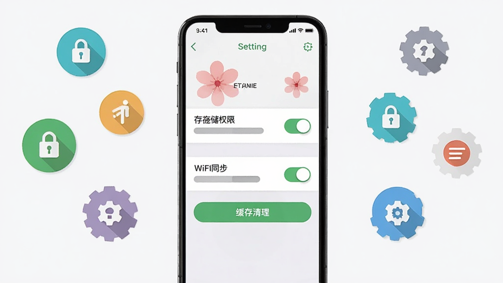 主体为手机屏幕显示花瓣应用设置页面,包含存储权限开关、WiFi同步开关与缓存清理按钮;布局为手机正面平铺,周围漂浮权限图标与齿轮图标;排版为手机居中,图标环绕四周;风格为扁平化信息图风格;细节包括绿色开关按钮、灰色缓存条、权限锁图标、浅色背景;画质为高清,画面干净,无多余元素