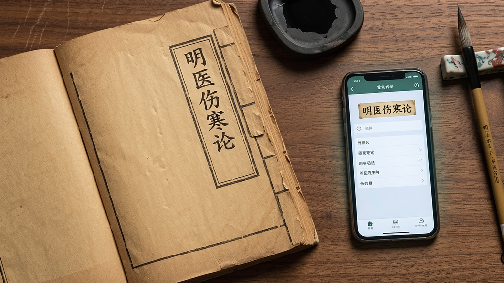 画面主体为一本摊开的古中医典籍与一部智能手机并排放置在木质书桌上,手机屏幕显示“明医伤寒论”软件界面,布局采用俯视平铺构图,排版左侧书本右侧手机形成古今对照,风格为写实静物摄影,细节包括泛黄书页纹理、毛笔与砚台、手机屏幕微光,画质高清干净无多余元素