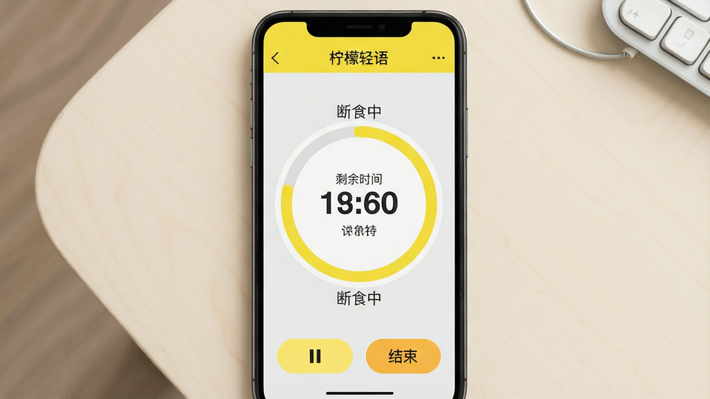 一张应用功能展示图,画面为手机屏幕中的“柠檬轻语”断食计时界面,中央是一个大号圆环进度条,圆环内显示剩余时间数字,圆环外圈标注“断食中”字样,页面底部有暂停与结束按钮,整体采用柠檬黄与浅灰配色,背景为干净浅色桌面,构图居中,排版简洁,风格清新,画质高清,无多余元素