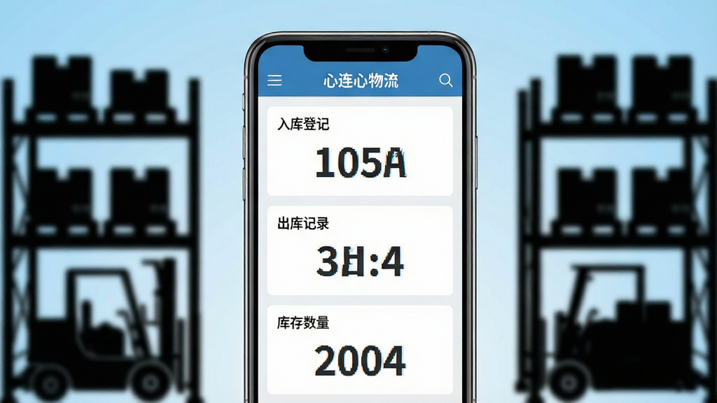 一张展示仓储库存管理界面的场景图,主体是一部手机和背景中的货架剪影,手机屏幕显示“心连心物流”仓储管理页面,页面包含入库登记、出库记录、库存数量三个数据模块,布局为手机居中、货架剪影作为背景虚化处理,风格为清爽扁平化风格,细节上库存数字用大号字体突出显示,背景为浅蓝色渐变,画质清晰,干净,无多余元素