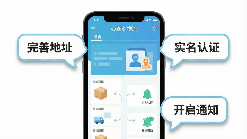一张展示手机物流APP新手操作引导的示意图,主体是一部手机和三个悬浮的操作提示气泡,手机屏幕显示“心连心物流”首页界面,气泡上分别标注“完善地址”“实名认证”“开启通知”字样,布局为手机居中、气泡环绕在手机周围,风格为清新扁平插画风,细节上气泡带有浅蓝色描边和轻微阴影,背景为白色纯净背景,画质清晰,干净,无多余元素