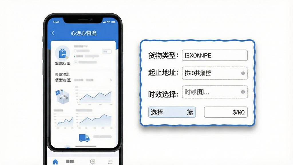 一张展示物流发货下单流程的示意图,主体是一部手机和一张悬浮的运单卡片,手机屏幕显示“心连心物流”发货页面,运单卡片上标注货物类型、起止地址、时效选择等字段,布局为手机在左、运单卡片在右的左右结构,风格为简洁商务插画风,细节上运单卡片带有轻微阴影和蓝色描边,背景为白色纯净背景,画质清晰,干净,无多余元素