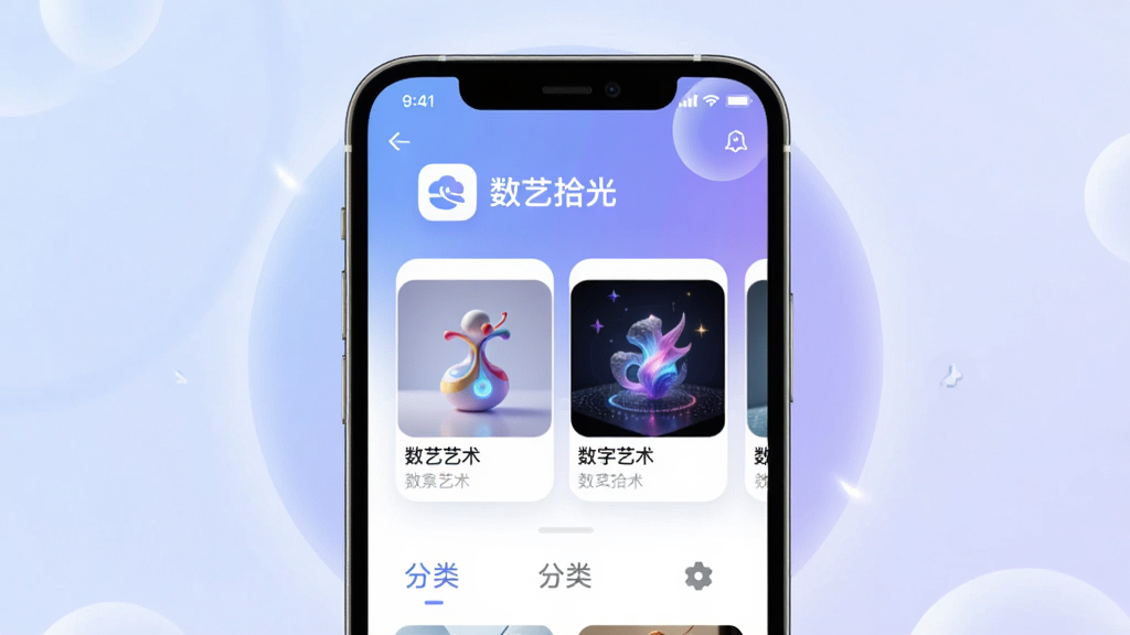 主体为数艺拾光手机应用界面展示,布局为居中放置的智能手机模型,屏幕内呈现数字艺术藏品卡片与分类导航栏,排版为上下结构上方为应用Logo与名称“数艺拾光”,风格为现代简约科技感,细节包含柔和的蓝紫渐变背景、细微的光晕效果与干净的UI元素,画质清晰干净无多余元素