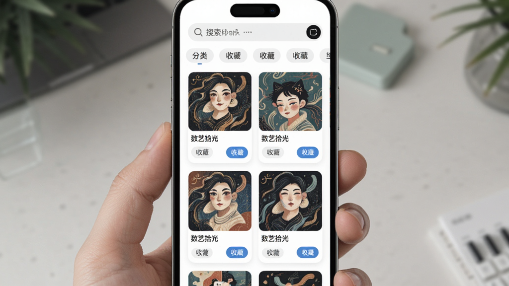 主体为数艺拾光数字藏品浏览界面,布局为手机屏幕内呈现网格状藏品卡片排列,排版为顶部搜索栏与分类标签下方为藏品缩略图与名称,风格为清新现代的卡片式设计,细节包含每张卡片上的艺术图案、藏品名称文字“数艺拾光”与收藏按钮,画质清晰干净无多余元素