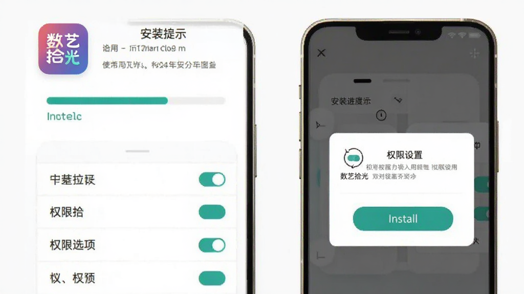 主体为数艺拾光应用安装与使用场景示意图,布局为手机屏幕展示安装进度条与权限设置弹窗,排版为上下分层上方为安装提示下方为权限选项列表,风格为扁平化信息图风格,细节包含“数艺拾光”应用图标、安装按钮与权限开关图示,画质清晰干净无多余元素