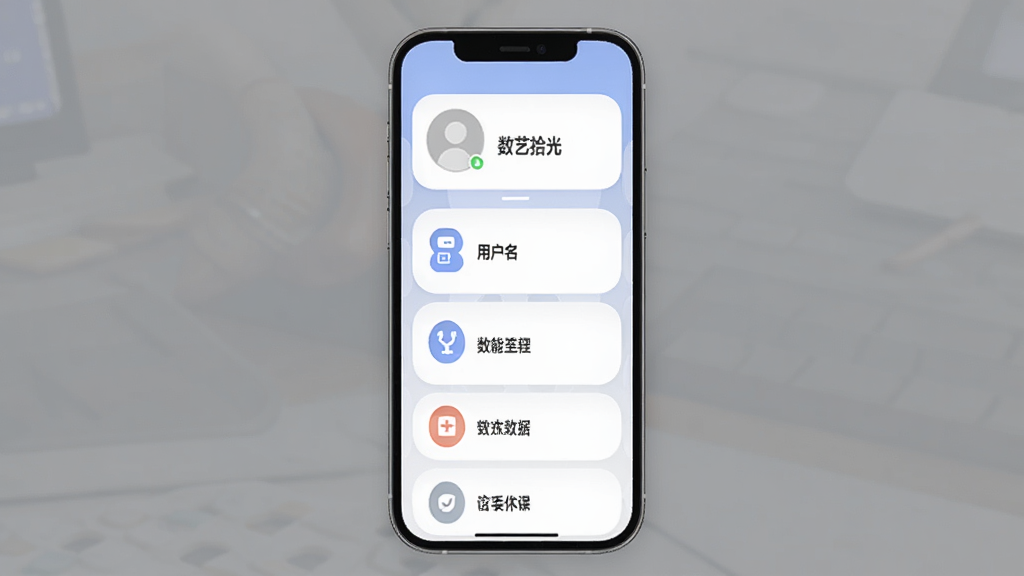 主体为数艺拾光个人中心界面,布局为手机屏幕内呈现头像区域与功能菜单列表,排版为上方个人信息卡片下方为竖向排列的功能入口,风格为柔和圆角卡片风格,细节包含头像占位图、用户名文字“数艺拾光”与各功能图标,画质清晰干净无多余元素