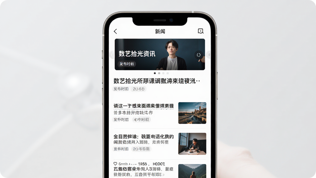 主体为数艺拾光资讯页面手机展示,布局为手机屏幕内呈现新闻列表与顶部轮播图,排版为标题在上方内容依次向下排列,风格为简洁阅读型界面设计,细节包含资讯标题文字、发布时间标签与缩略配图,画质清晰干净无多余元素