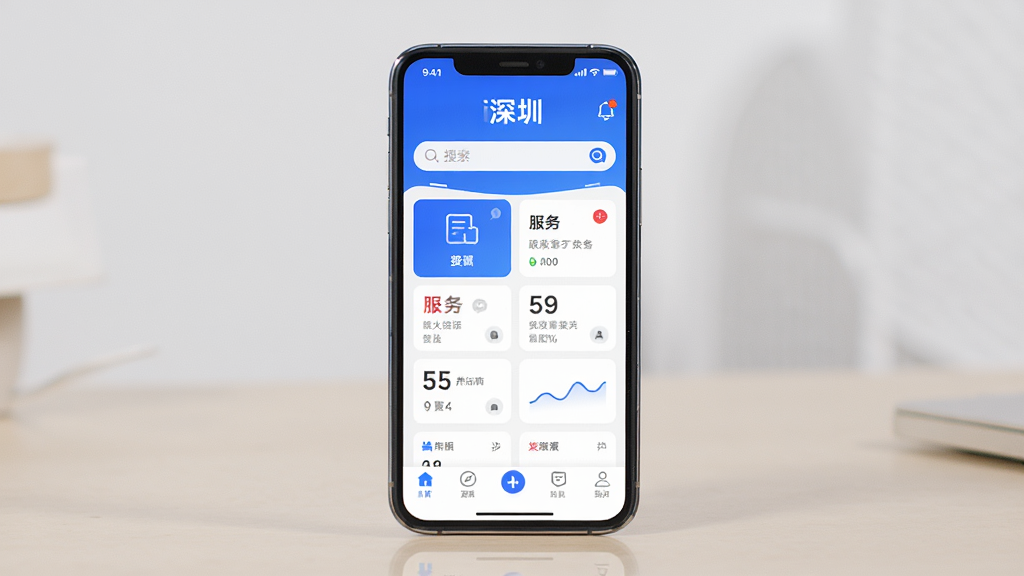 一张展示智能手机屏幕显示i深圳应用主界面的场景图,手机居中放置于浅色桌面,屏幕内呈现蓝白色调的政务服务平台首页,包含服务卡片、搜索栏与底部导航栏,背景简洁干净,整体风格清新商务,画质清晰,光线柔和,无多余杂物
