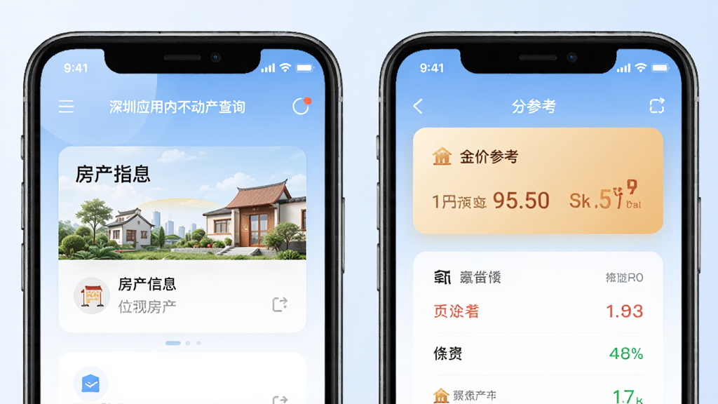i深圳应用内不动产查询与民生服务功能展示图,手机屏幕显示房产信息卡片与金价参考模块,界面采用浅蓝渐变背景,图标精致,布局规整,风格现代简洁,画质干净清晰