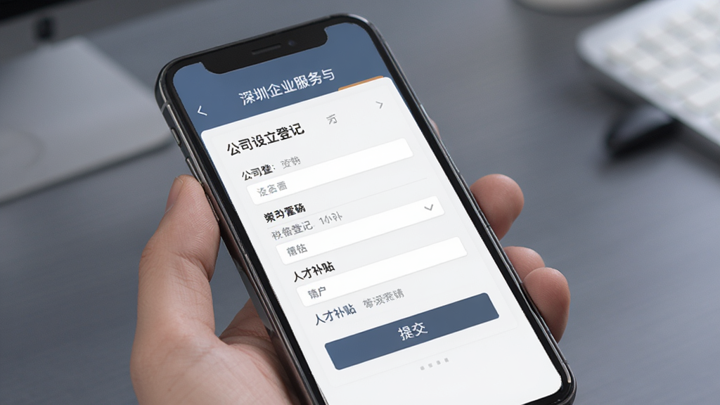 i深圳企业服务与人才引进功能界面图,手机屏幕展示公司设立登记与人才补贴申请页面,包含表单填写区域与提交按钮,界面风格专业稳重,蓝灰色调,排版清晰,画质细腻