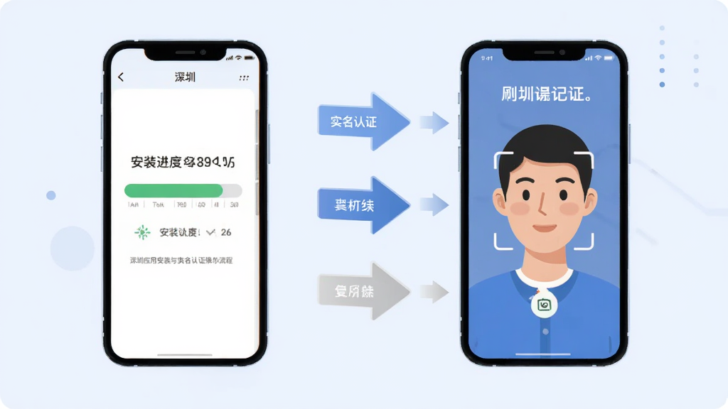 i深圳应用安装与实名认证操作流程示意图,手机屏幕展示安装进度条与刷脸认证界面,旁边配有简洁的步骤箭头指示,浅色背景,扁平插画风格,画质清晰,信息层级分明