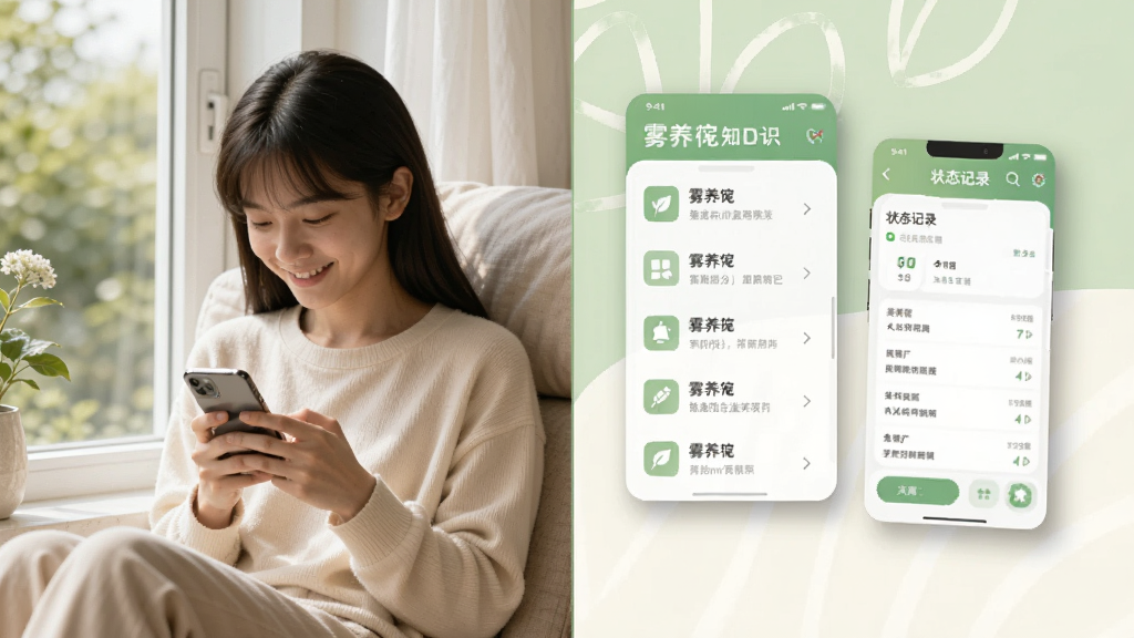 画面左侧为一位年轻用户坐在窗边使用手机,右侧以悬浮卡片形式展示雾养葆应用内的养生知识分类列表与状态记录界面,卡片带有柔和阴影,背景为淡雅的浅绿色与米白色搭配,整体风格清新自然,排版层次分明,画质细腻干净,无杂乱元素