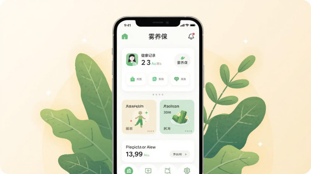 画面中央放置一部智能手机,屏幕显示雾养葆应用主界面,界面包含健康记录卡片与养生知识入口,手机周围环绕柔和的绿色植物叶片与暖色光晕,背景为浅米色渐变,整体采用清新简约的扁平化插画风格,布局居中对称,细节干净利落,画质清晰,无多余装饰元素