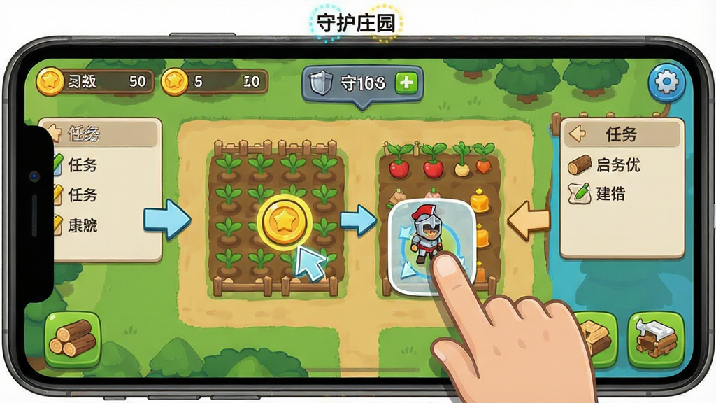 一张“守护庄园”新手操作引导示意图,画面主体为手机屏幕中的游戏界面,画面中央有手指点击农田与拖拽守卫的示意动作,界面四周分布着资源栏、任务列表与建造按钮,布局简洁直观,风格为扁平化卡通UI插画,细节包括高亮提示框、箭头指引、金币与木材图标,画质清晰干净,无多余元素