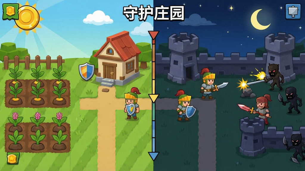 一张“守护庄园”游戏玩法示意图,画面分为左右两个区域,左侧表现白天农田种植与建筑升级场景,右侧表现夜晚守卫在围墙上抵御入侵者的战斗场景,中间以一条时间轴分割,布局对称清晰,风格为卡通扁平化插画,细节包括作物图标、金币、盾牌、守卫角色,画质干净明亮,无多余元素