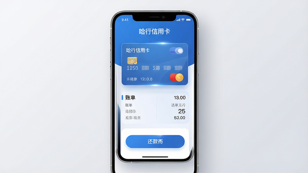 主体为一部竖屏智能手机居中摆放,屏幕上显示蓝色调信用卡管理类App首页界面,包含卡片、账单、还款按钮等模块;布局为手机正面平铺、背景浅灰渐变;排版简洁居中;风格为现代金融科技扁平化;细节包括卡片边缘高光、按钮圆角、数字清晰可见;画质高清、画面干净、无多余元素,屏幕上方文字标注“哈行信用卡”