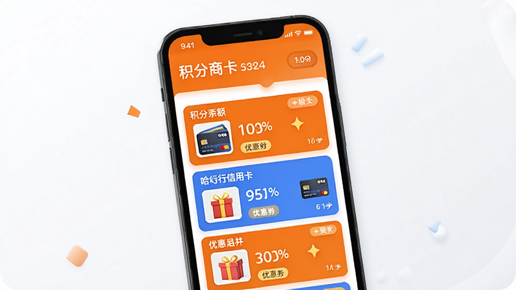 主体为手机屏幕展示积分商城与优惠券列表界面;布局为纵向列表卡片式排布;排版为顶部积分余额条、下方活动卡片依次排列;风格为明快活泼的橙蓝撞色;细节包括积分数字、礼品缩略图、优惠标签;画质清晰、背景简洁、无多余装饰,卡片上标注“哈行信用卡”