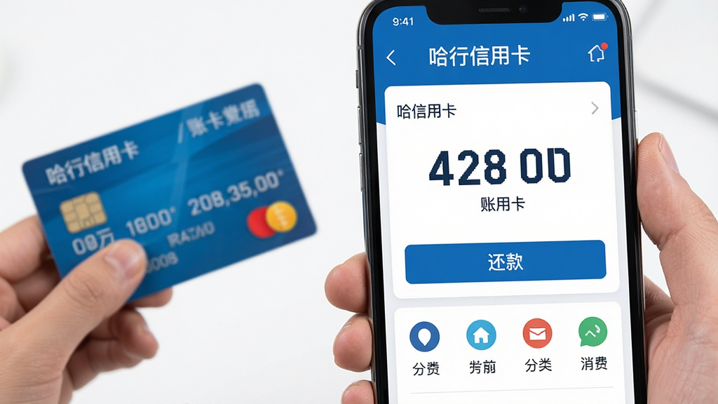 主体为手持手机查看信用卡账单页面的场景;布局为手机屏幕占据画面右侧三分之二、左侧留白放置信用卡实体卡;排版为账单数字突出显示;风格为清新商务蓝白配色;细节包括账单金额大字、还款按钮、消费分类图标;画质干净高清、无杂乱元素,屏幕内文字标注“哈行信用卡”