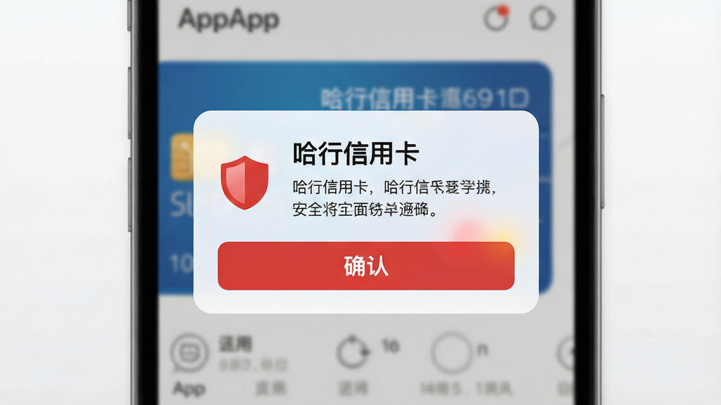 主体为手机屏幕弹出安全提示弹窗的界面;布局为弹窗居中、背景为模糊的信用卡App页面;排版为标题加两行说明文字与确认按钮;风格为简洁警示风、红蓝配色;细节包括盾牌图标、醒目提示文字;画质清晰、画面干净、无多余元素,弹窗内文字标注“哈行信用卡”