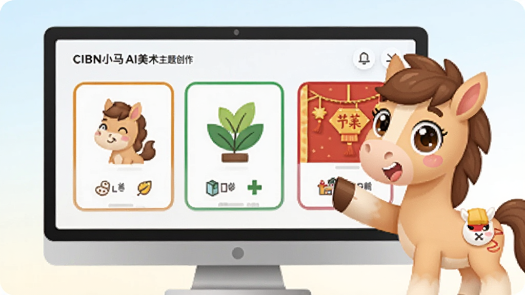 画面展示CIBN小马AI美术主题创作界面,屏幕上有动物、植物、节日三类卡片式模板,一只卡通小马在旁边指向模板,背景为浅色渐变,风格为清爽UI插画,细节包括卡片上的小图标和彩色边框,画质干净,无多余元素