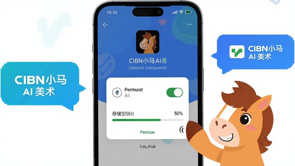 画面为手机屏幕特写,显示CIBN小马AI美术的安装完成界面与权限设置弹窗,旁边有卡通小马提示手势,布局为居中手机加两侧提示气泡,风格为扁平科技插画,细节包括权限开关图标和存储空间进度条,画质干净,无多余元素