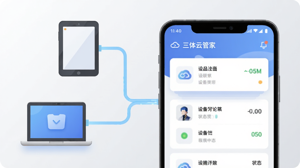 画面中央是一部竖屏安卓手机,手机屏幕上显示“三体云管家”应用主界面,界面包含设备列表卡片与状态指示灯,手机左侧漂浮着平板与笔记本电脑的简化图标,三者由浅蓝色数据线连接,背景为干净的浅灰渐变,整体采用扁平化科技插画风格,细节上突出界面元素的层次感与图标圆角,画质清晰锐利,画面干净无多余装饰元素