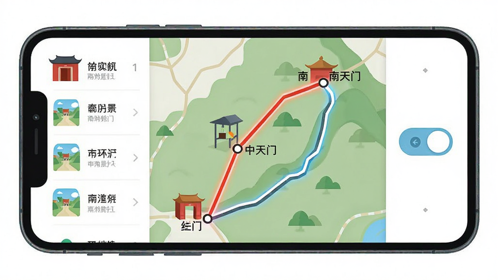 主体为手机屏幕中的泰山登山路线地图,布局为地图居中、路线用高亮线条标出,排版左侧为景点列表、右侧为路线切换按钮,风格为清新扁平化UI插画,细节包含红门、中天门、南天门等节点标注,画质清晰干净,无多余元素