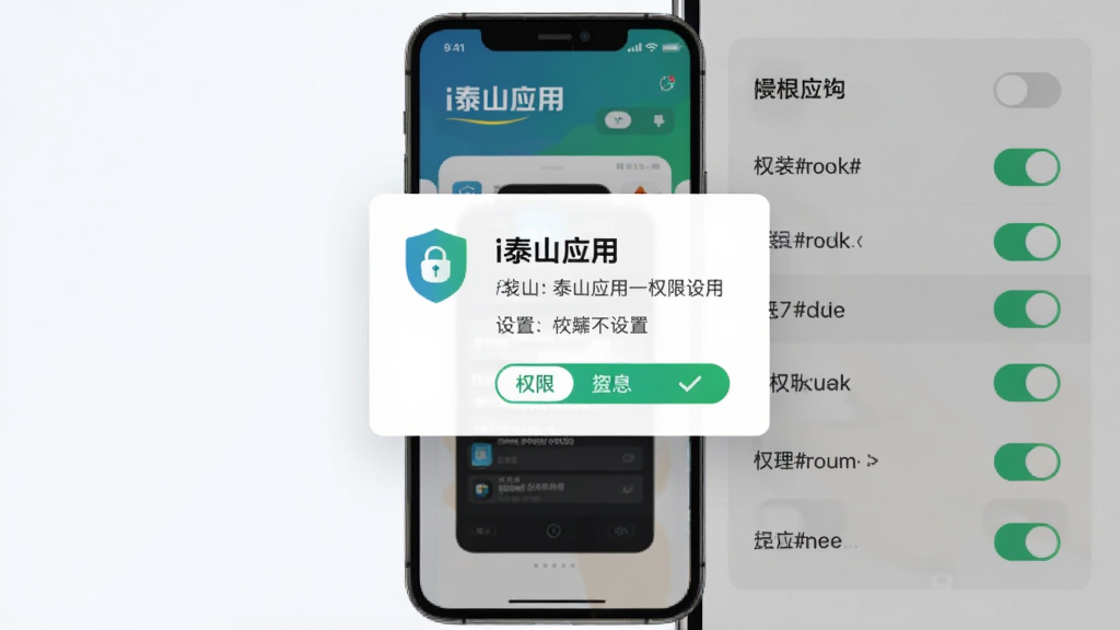 主体为手机屏幕展示i泰山应用安装与权限设置界面,布局为居中弹窗与右侧权限开关列表,排版清晰分区明确,风格为简洁科技感扁平插画,细节包含盾牌图标与勾选状态,画质清晰干净,无多余元素