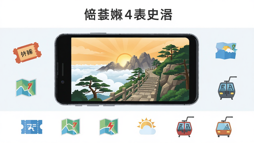 主体为一部智能手机,屏幕居中展示泰山日出与登山步道画面,周围环绕门票、地图、天气、缆车等扁平化图标,布局采用上下分层结构,上方标题区域留白,下方功能图标整齐排列,风格为清爽现代扁平插画,细节包含云海、松树、石阶等泰山元素,画质清晰干净,无多余元素