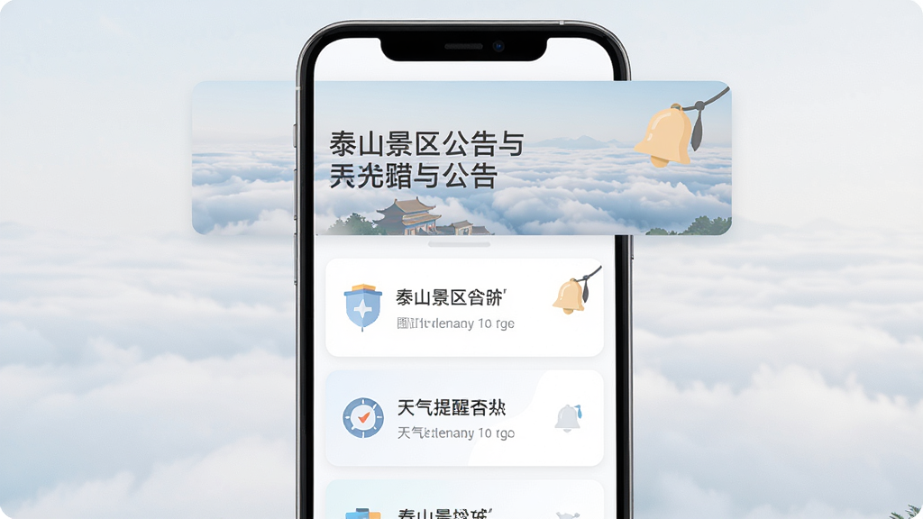 主体为手机界面展示泰山景区公告与天气提醒卡片,布局为上方横幅公告、下方卡片式资讯列表,排版整齐留白充足,风格为柔和浅色扁平设计,细节包含云海背景与铃铛图标,画质清晰干净,无多余元素