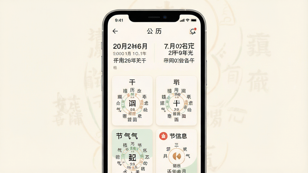 一张手机应用界面展示图,画面中央是一部竖屏智能手机,屏幕上显示着多元历法App的主界面,上方是公历日期和农历日期并排展示,下方是多个历法体系的卡片式切换区域,包含干支纪年、节气信息等,背景为柔和的米白色,整体风格清新简洁,排版干净有序,画质清晰,无多余装饰元素