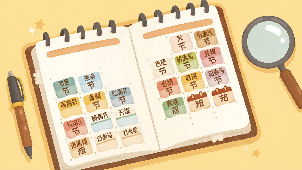 一张扁平化风格的日历插图,画面展示一个打开的日历本,日历页面上用不同颜色标注了节气名称和节日图标,旁边有一支笔和一个放大镜,背景为浅黄色,整体风格温暖明快,画质清晰,细节干净,无杂乱元素