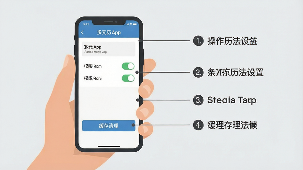 一张手机操作演示示意图,画面中一只手握着手机,屏幕上显示多元历法App的设置页面,页面中有权限开关和缓存清理按钮,旁边用简洁的线条标注了操作步骤序号,背景为浅灰色,风格扁平化,画质清晰,排版直观