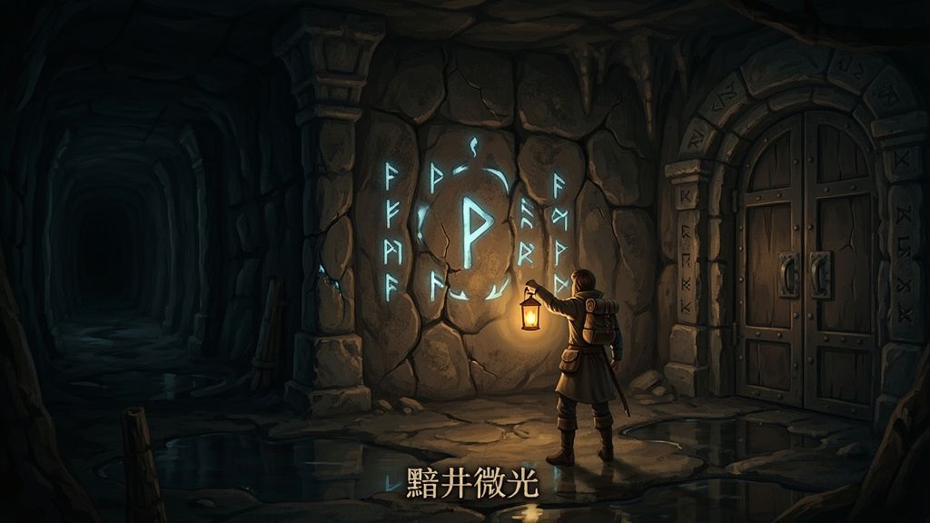 主体为暗黑地下井道场景,画面中央一名旅人手持提灯照亮前方石壁,石壁上刻有发光符文;布局为横向宽幅构图,左侧为深邃通道,右侧为古老石门;风格为暗黑奇幻游戏概念图,细节包括提灯光晕、石壁裂纹、地面水渍反光;画质精致干净,画面中出现文字“黯井微光”,无多余元素