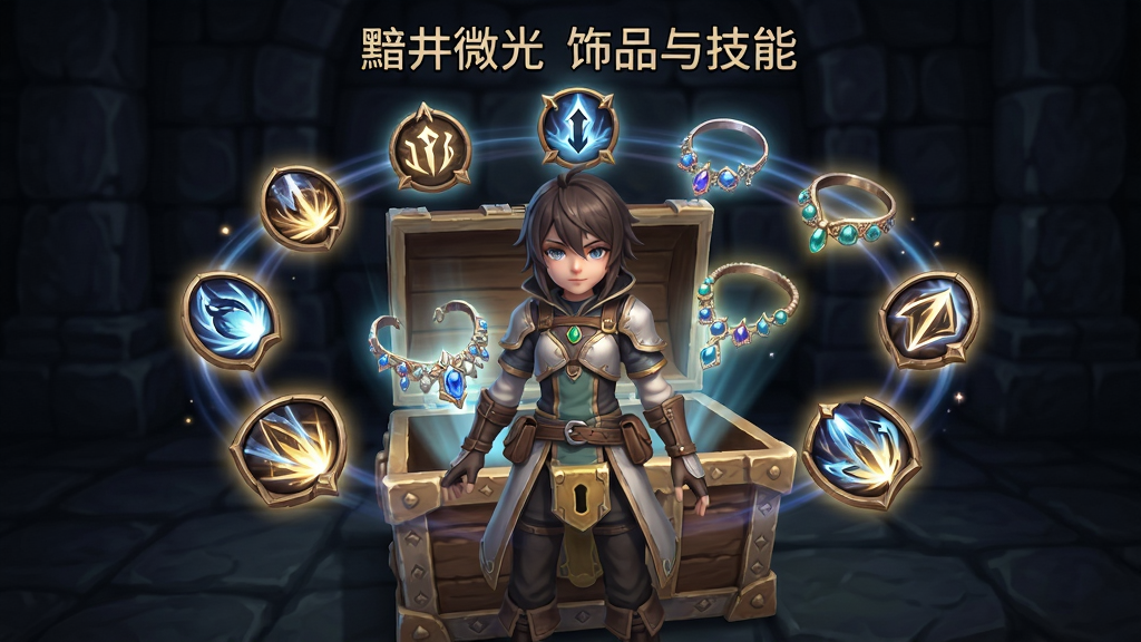 主体为游戏角色站在宝箱前,宝箱中漂浮出多件发光饰品,角色周围环绕技能图标光效;布局为角色居中,饰品呈环形分布,背景为暗色石室;风格为奇幻RPG界面概念图,细节包括饰品光泽、技能图标纹理、宝箱金属质感;画质清晰干净,画面中打文字“黯井微光 饰品与技能”,无多余元素