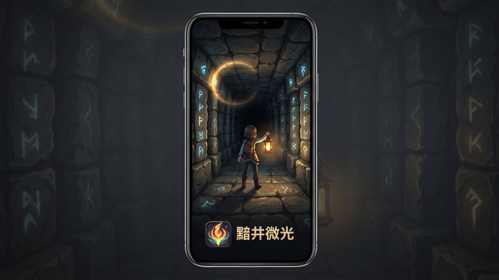 主体为一部智能手机居中展示,屏幕内呈现黯井微光游戏画面,暗色调地下井道场景,角色手持微光提灯,周围环绕古老石壁与神秘符文;布局为手机竖屏居中,背景为深灰色渐变,底部放置游戏图标与名称文字“黯井微光”;风格为暗黑奇幻插画风,细节包括石壁纹理、灯光光晕、符文发光效果;画质清晰干净,无多余元素