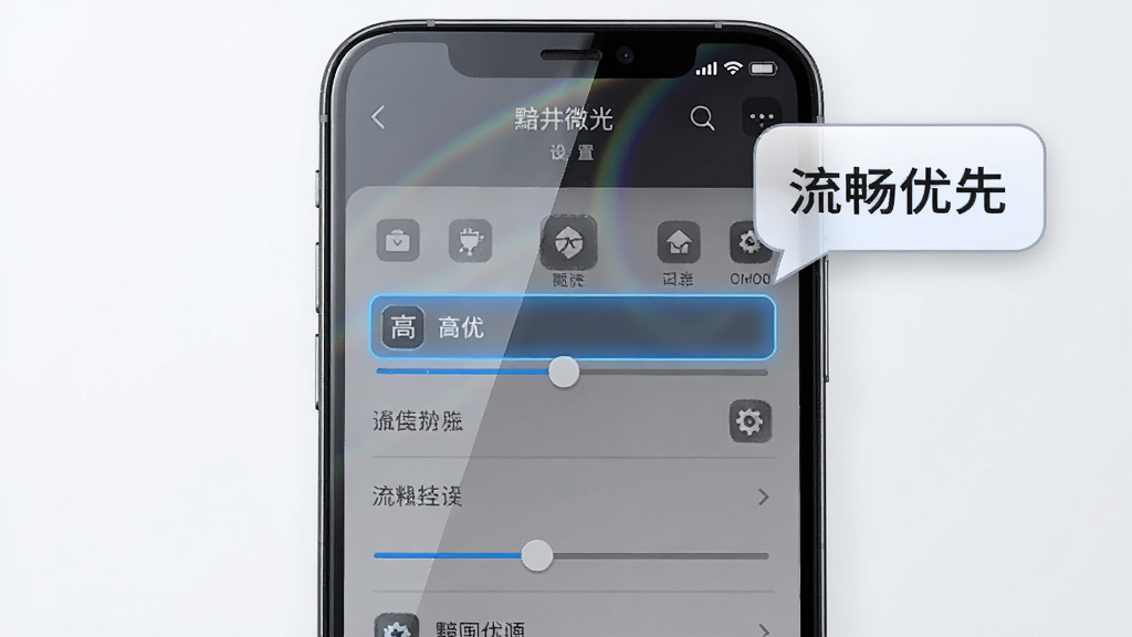 主体为手机屏幕特写,屏幕内显示黯井微光游戏设置界面,画质选项高亮,旁边放置一个提示气泡写着“流畅优先”;布局为手机居中,气泡位于右上角;风格为科技简洁风,细节包括屏幕反光、设置滑块、图标质感;画质清晰干净,无多余元素