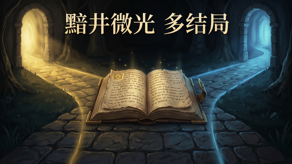主体为分岔路口场景,两条通道分别通向不同光芒,一条暖黄一条幽蓝,路口中央放置一本打开的古老书籍;布局为对称构图,书籍居中,通道向两侧延伸;风格为暗黑奇幻插画,细节包括书页发光文字、通道深处光晕、地面石板纹理;画质细腻干净,画面中打文字“黯井微光 多结局”,无多余元素