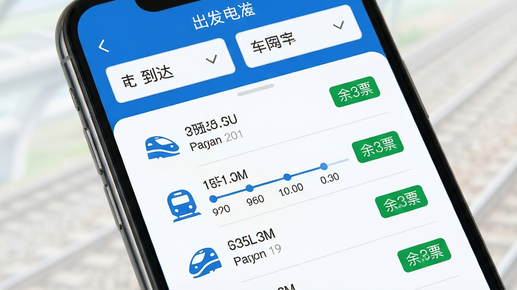 铁路火车票订票车次检索功能界面,主体为手机屏幕特写,布局为顶部出发到达城市选择框加下方纵向车次列表,排版整齐,风格为清爽蓝白配色,细节包含高铁图标、时间轴、余票绿色数字,画质清晰干净无多余元素