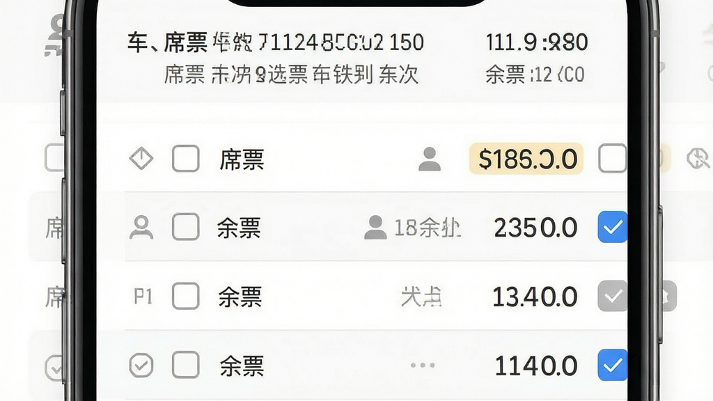 铁路火车票订票席别票价对比页面,主体为手机界面截图风格,布局为车次信息头部加席别价格表格,排版为左席别右价格上下排列,风格为简洁商务风,细节包含价格数字高亮、余票状态图标、选中勾选框,画质高清干净无多余元素